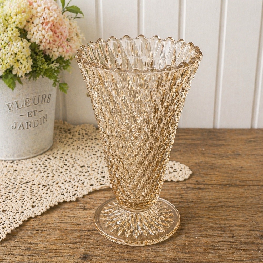 Vintage Pale Amber Indiana Diamond Point 8" Pressed Glass Pedestal Vase
